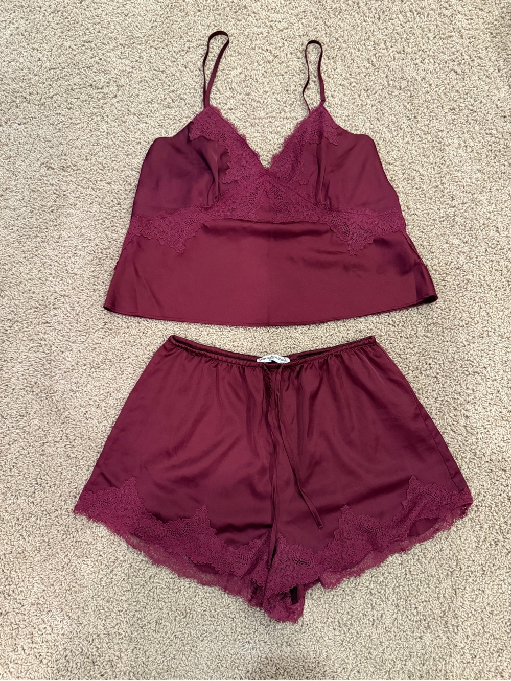Abercrombie & Fitch Satin Lace Cami & Shorts Pajama Set in Burgundy Red